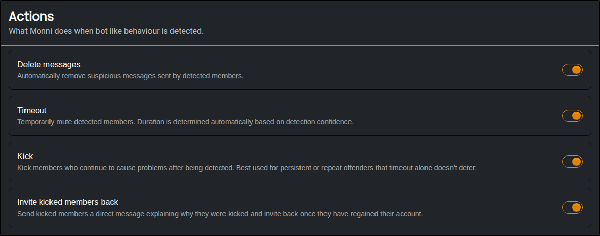 Anti Bot actions with Delete messages, Timeout, Kick and Invite kicked members back turned on