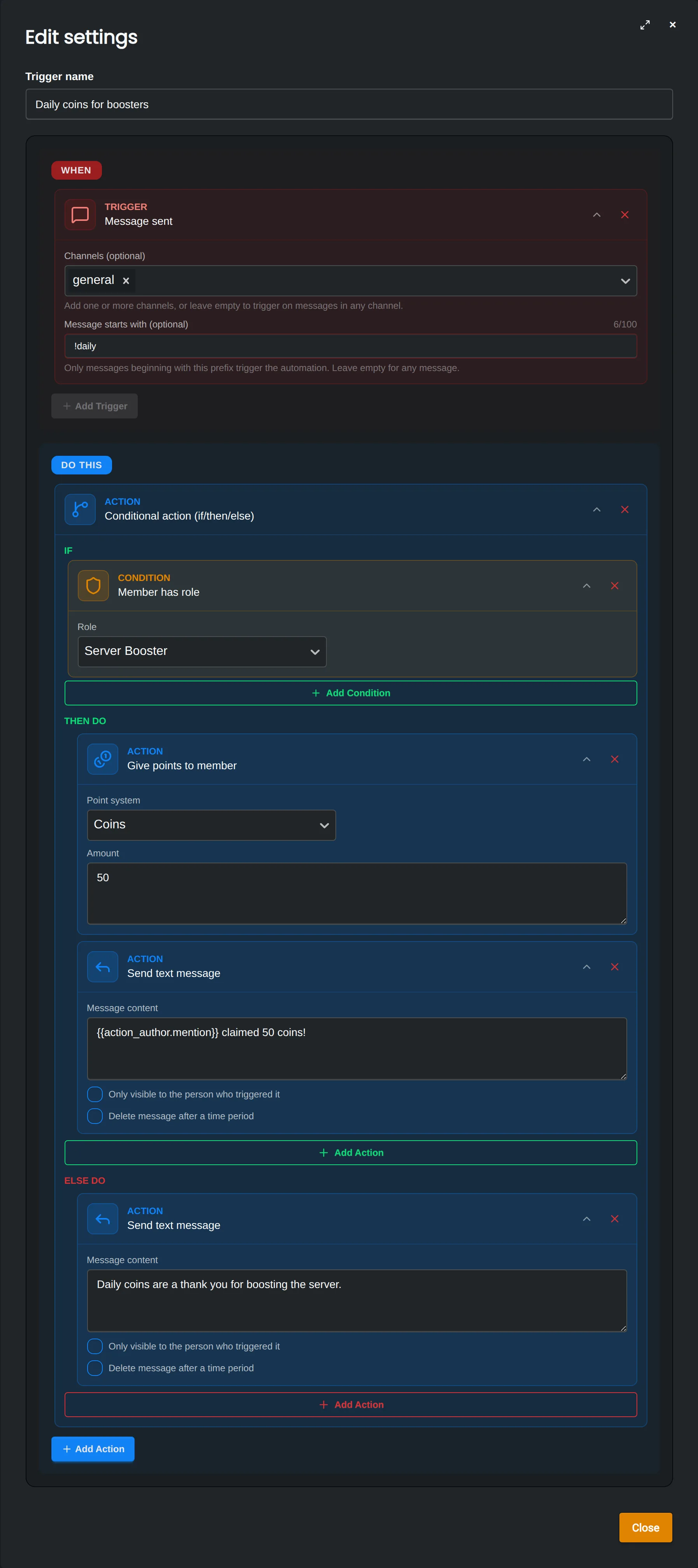 An automation with a message sent trigger, a conditional action that checks for the Server Booster role, and actions that give points and send messages