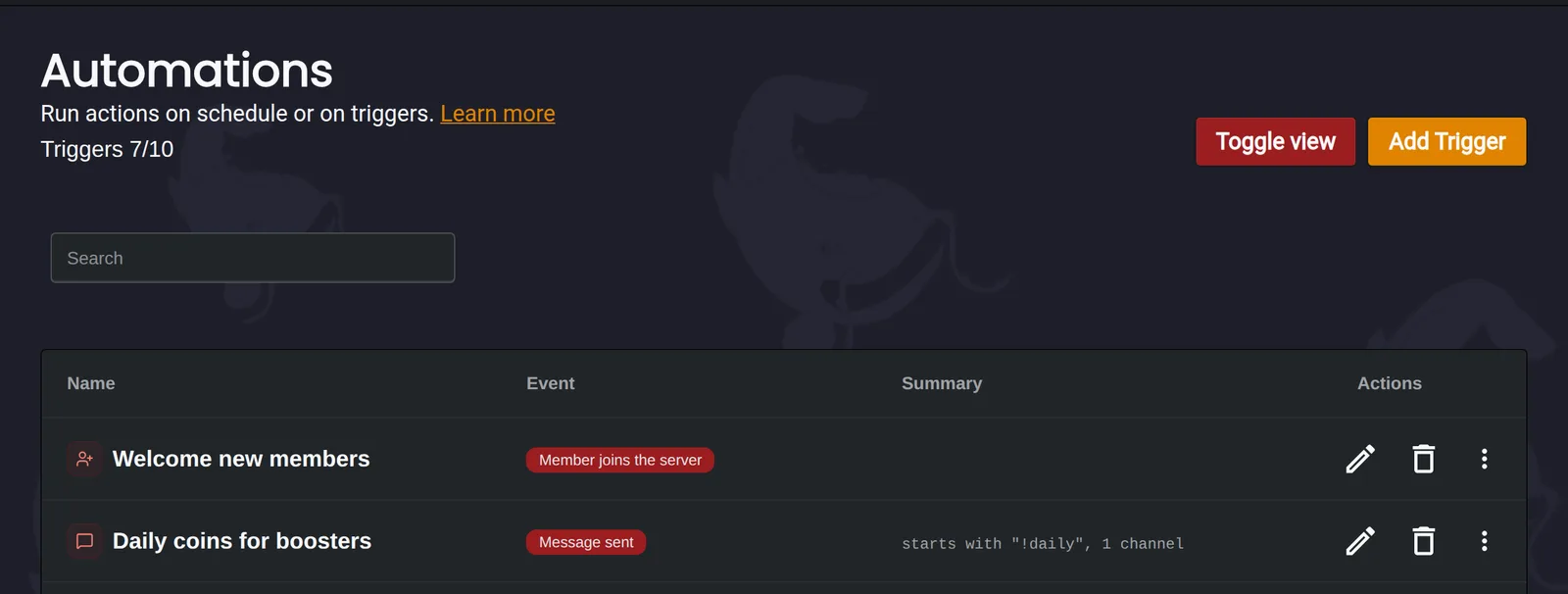 The Automations page in the Monni dashboard listing automations with their trigger and a short summary