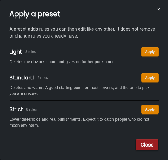 The Apply a preset window with Light, Standard and Strict presets