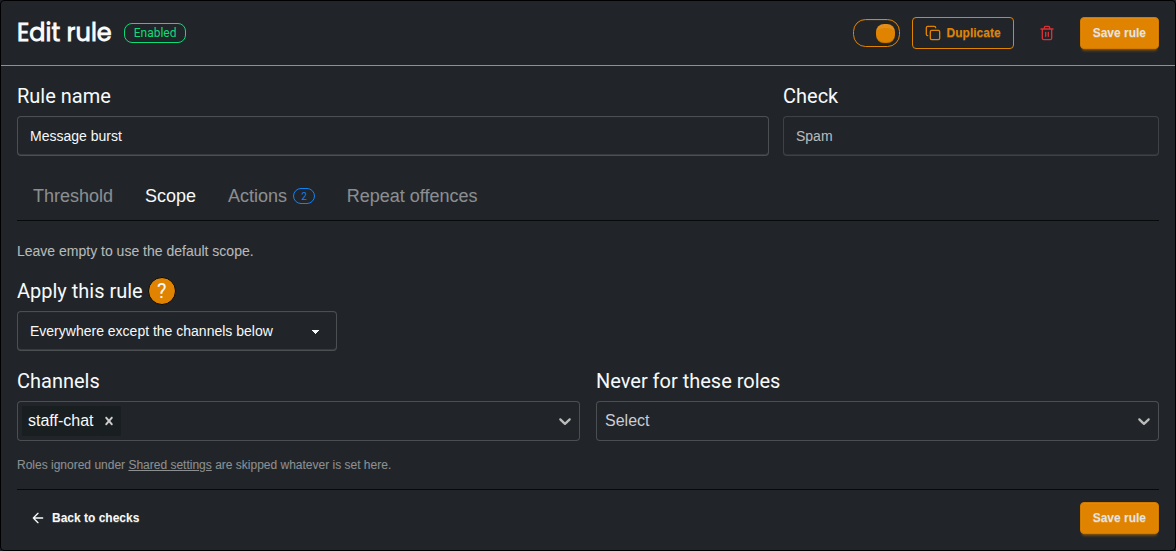 The Scope tab of a rule applied everywhere except staff-chat