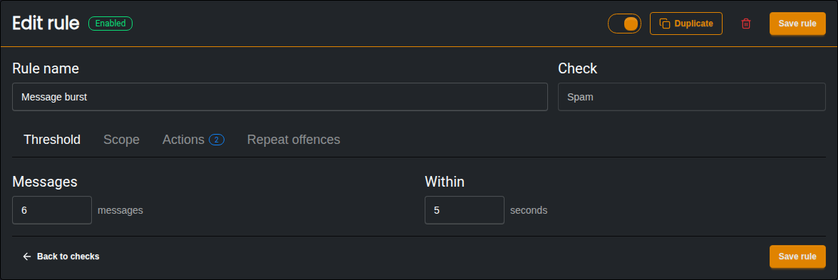 The Threshold tab of a rule set to 6 messages within 5 seconds