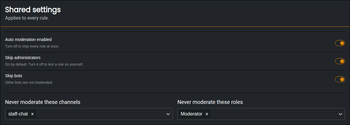 Auto Mod shared settings with staff-chat and Moderator ignored