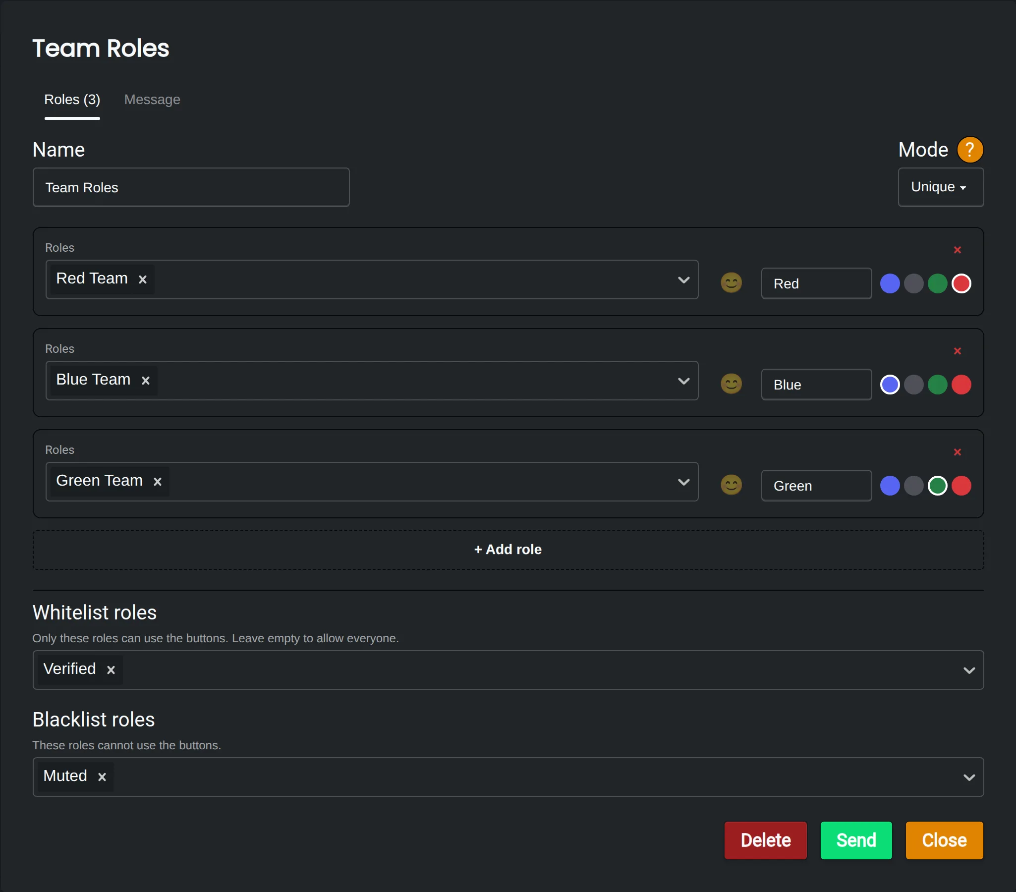 Reaction role editor with a set called Team Roles in Unique mode, with buttons for the Red, Blue and Green teams and Verified as a whitelist role
