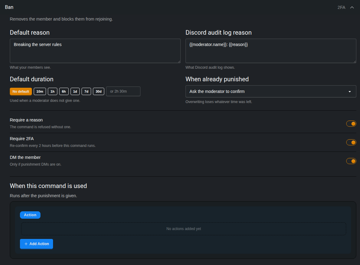 The settings for the Ban command