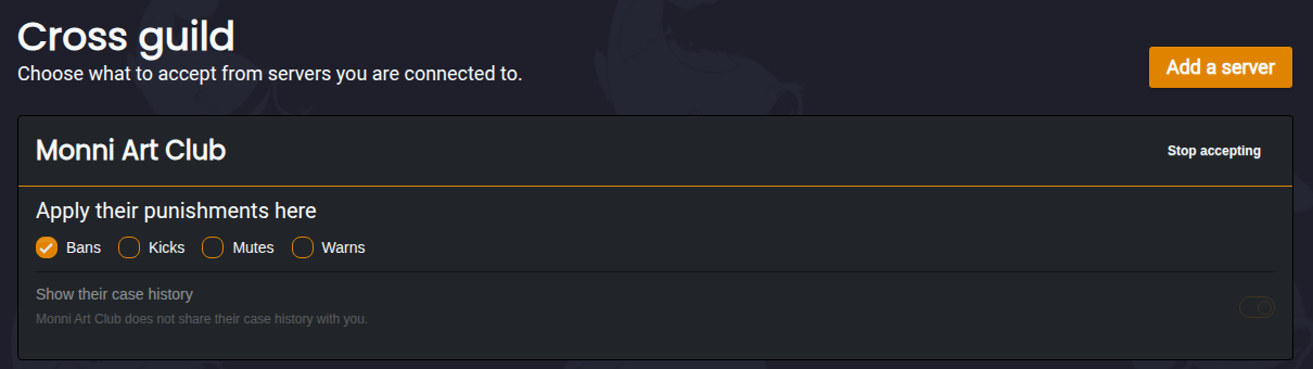Cross guild moderation settings accepting bans from a connected server