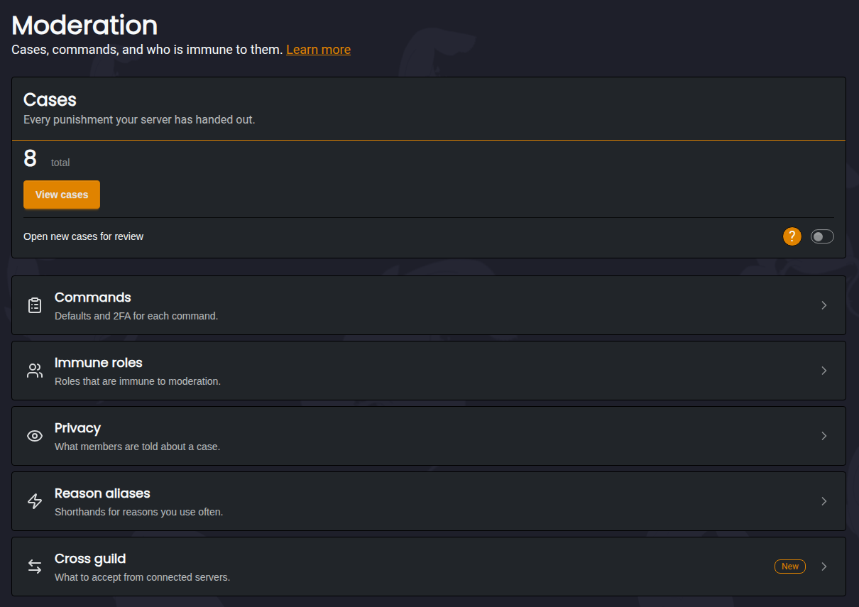The Moderation dashboard with links to Cases, Commands, Immune roles, Privacy, Reason aliases and Cross guild