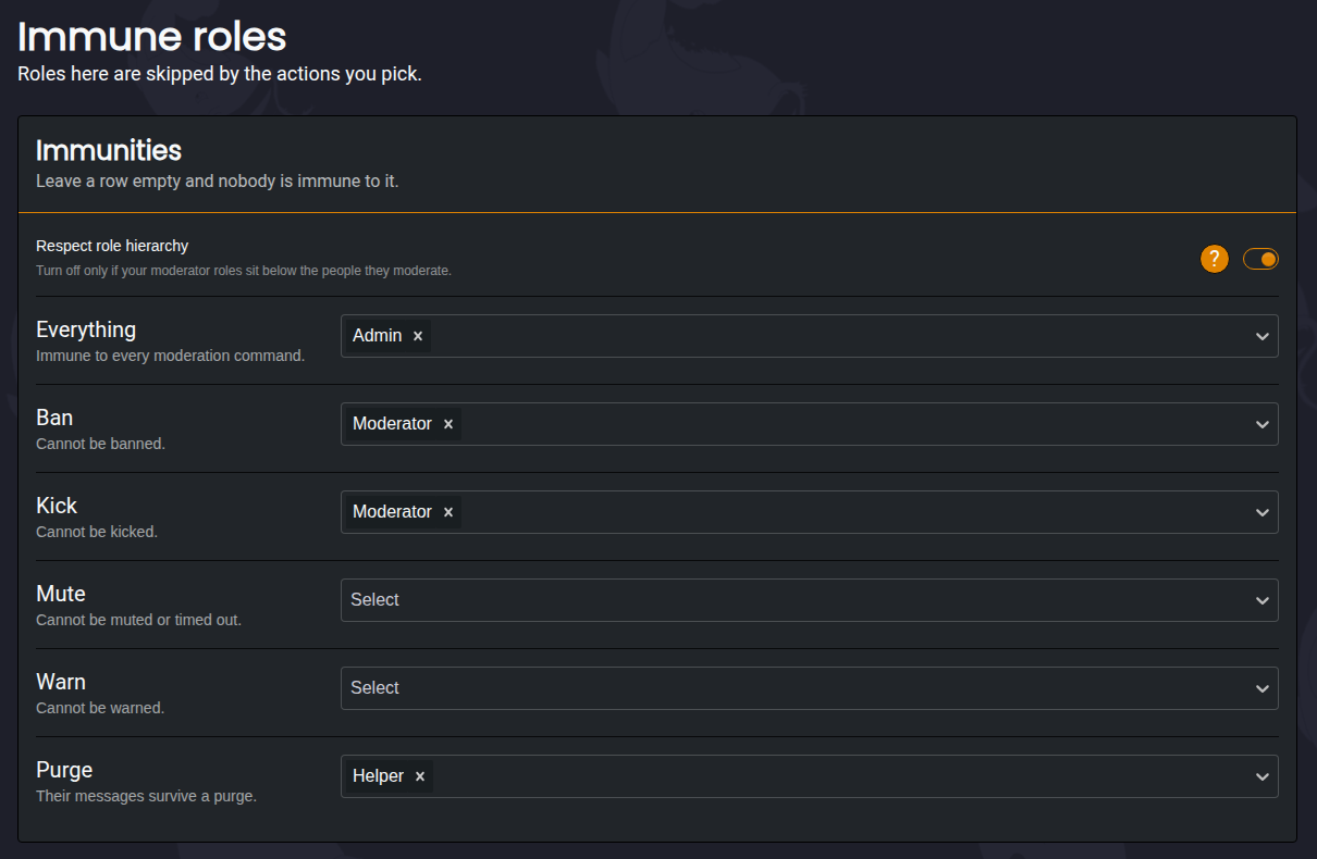 The Immune roles page with Admin immune to everything and Moderator immune to bans and kicks