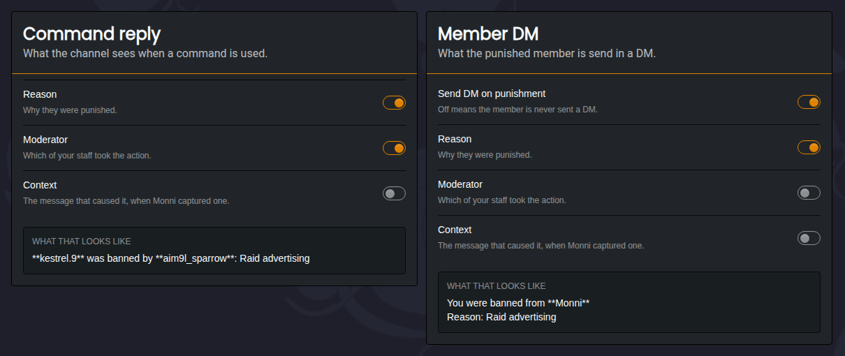 The Privacy page with settings for the command reply and the member DM