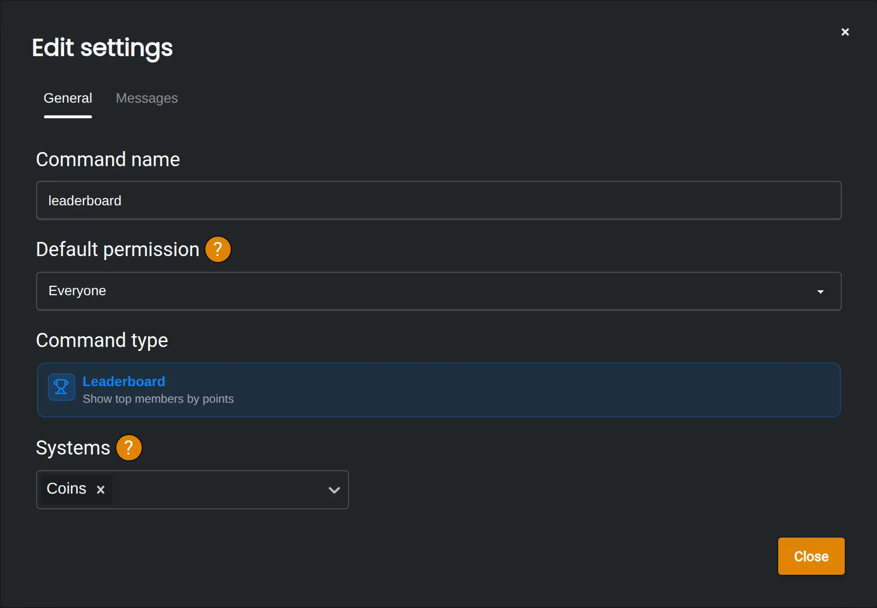 Settings for a leaderboard command: its name, who can use it, the command type and the point system it shows