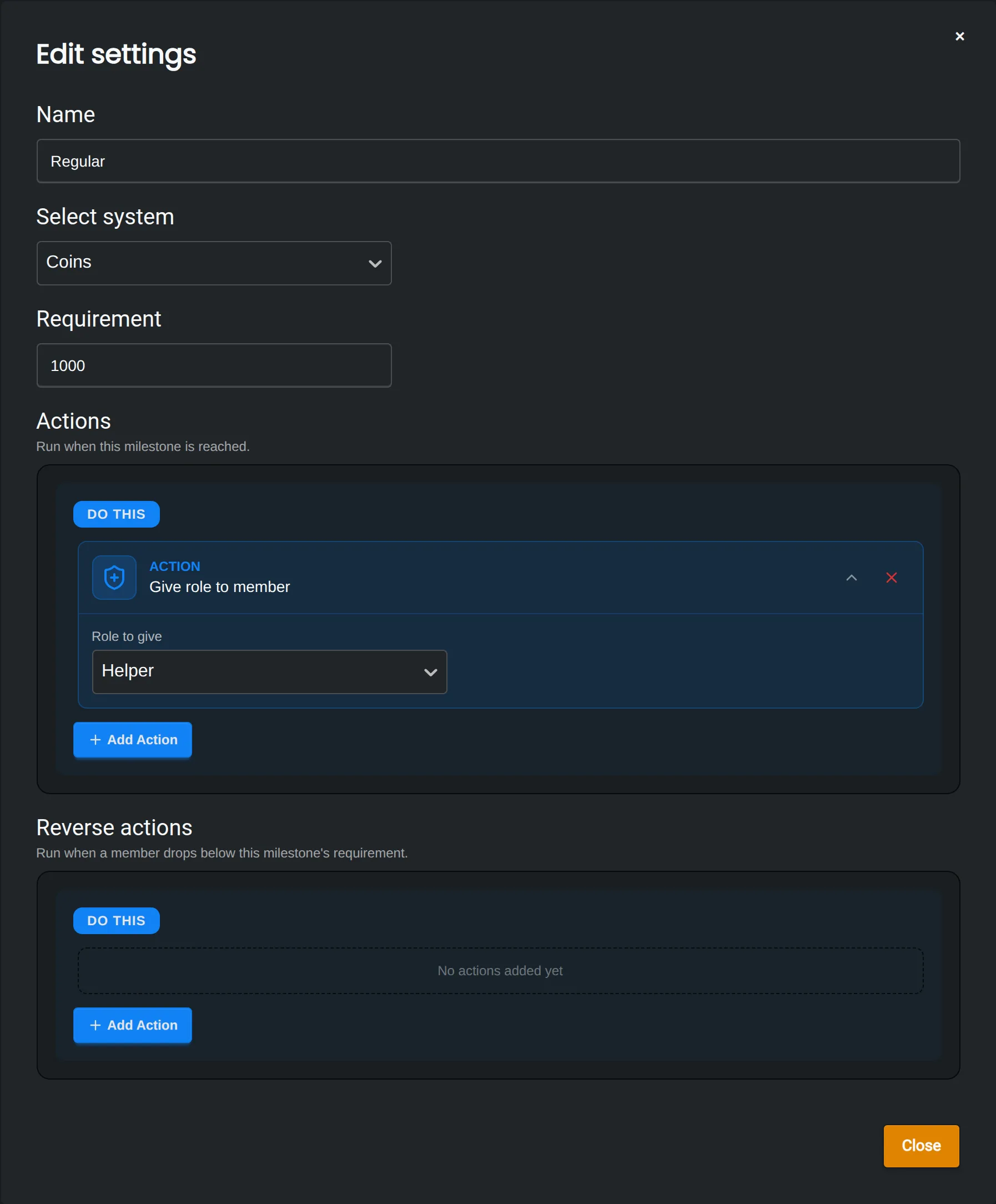 A milestone called Regular that gives the Helper role at 1000 coins, with optional reverse actions