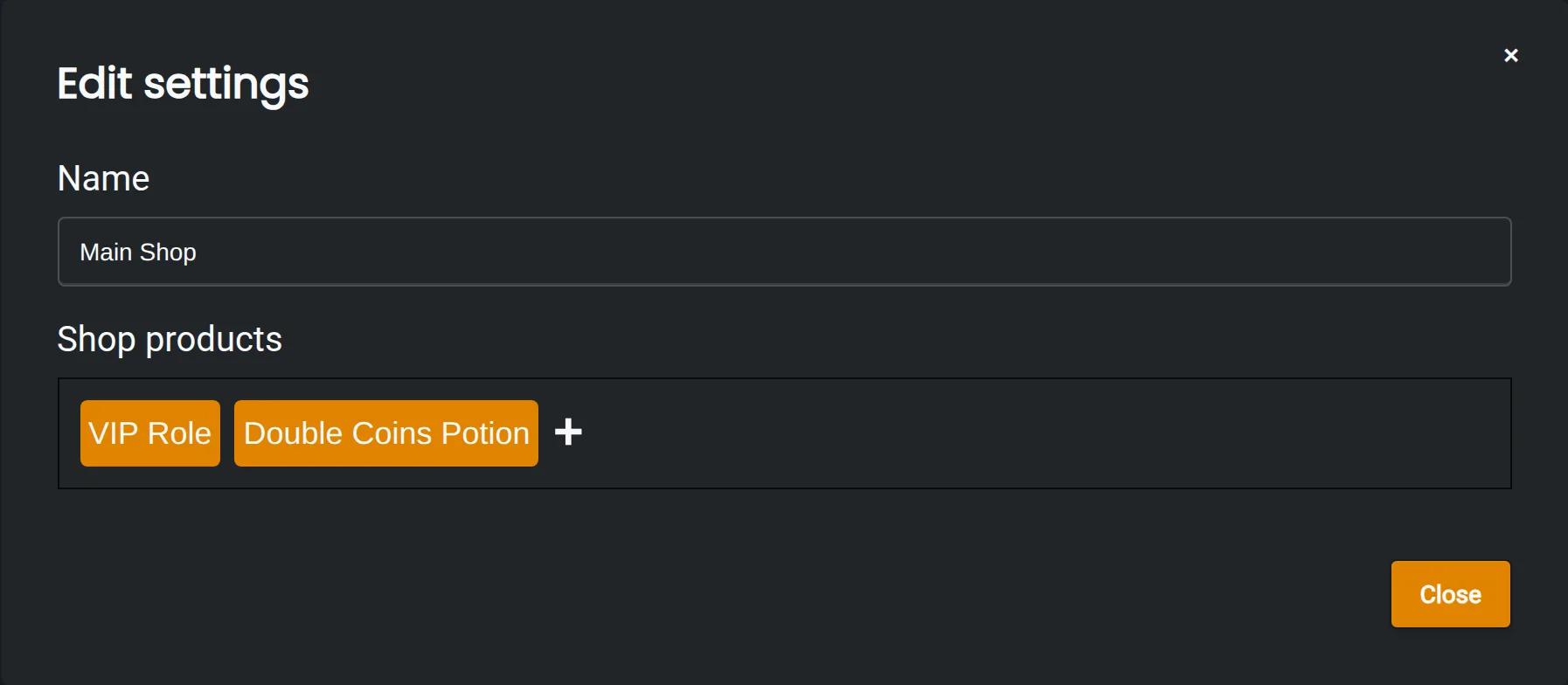 Editing a shop called Main Shop that sells a VIP Role and a Double Coins Potion