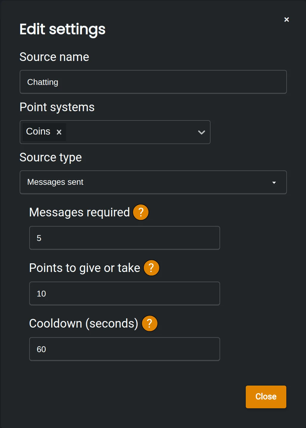 A source called Chatting that gives 10 coins for every 5 messages, with a 60 second cooldown