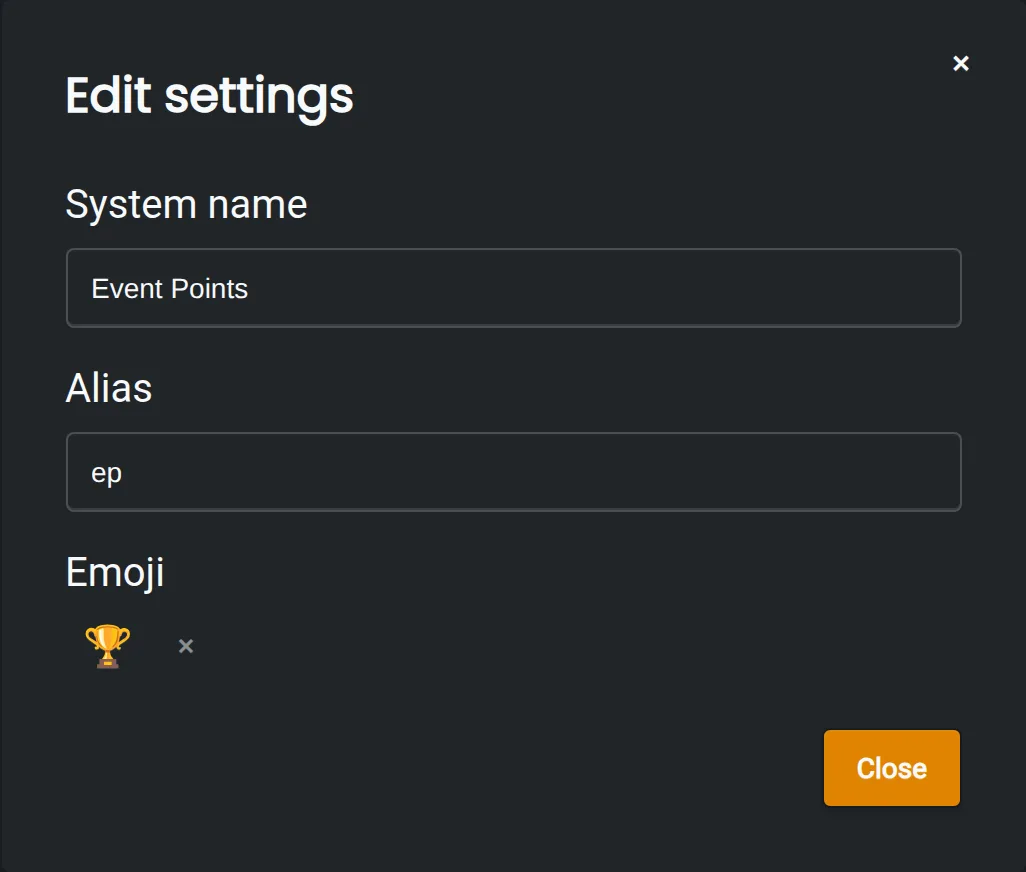 Editing a point system called Event Points, with its alias and trophy emoji