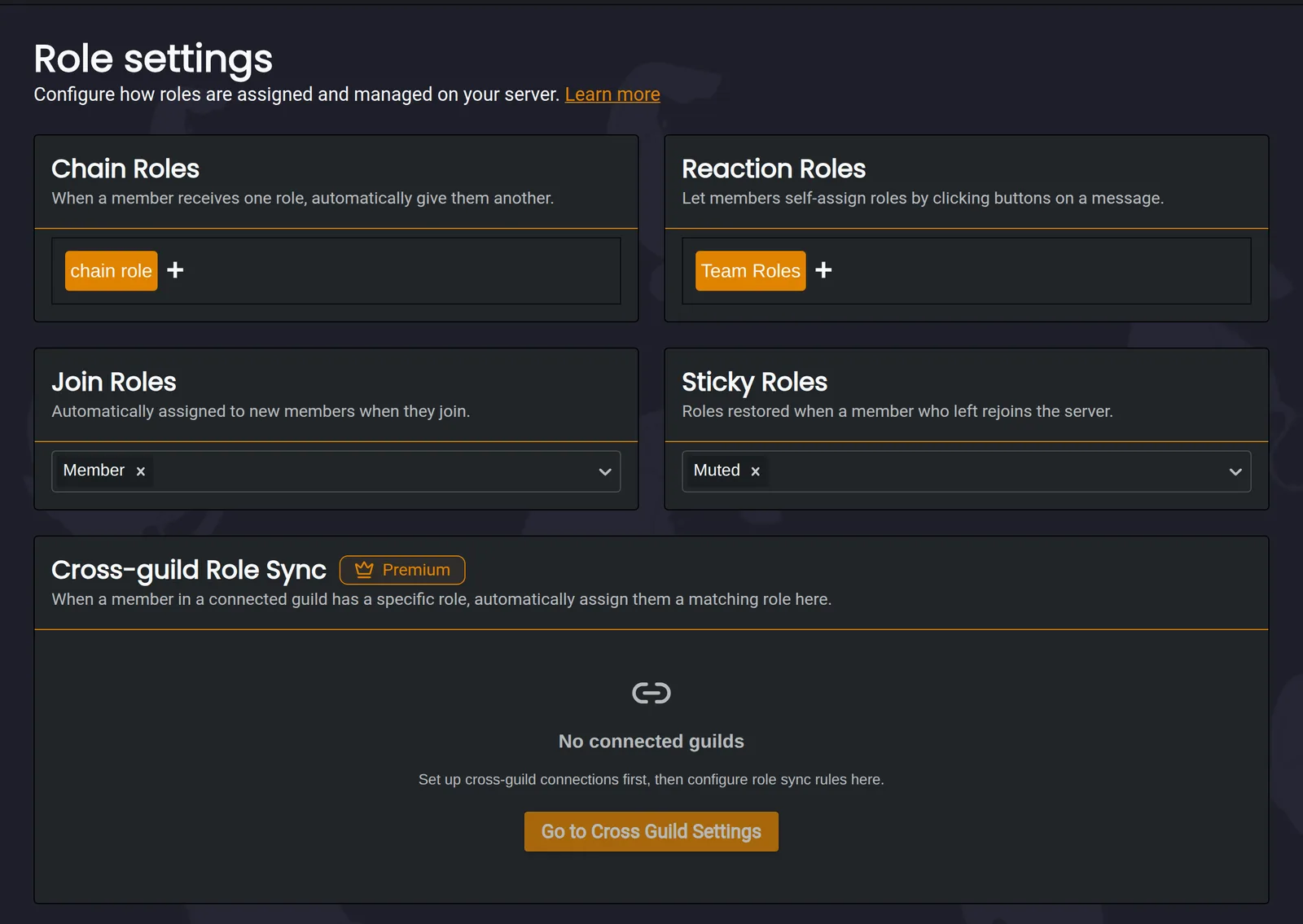The Roles page in the Monni dashboard with chain roles, reaction roles, join roles, sticky roles and cross-guild role sync