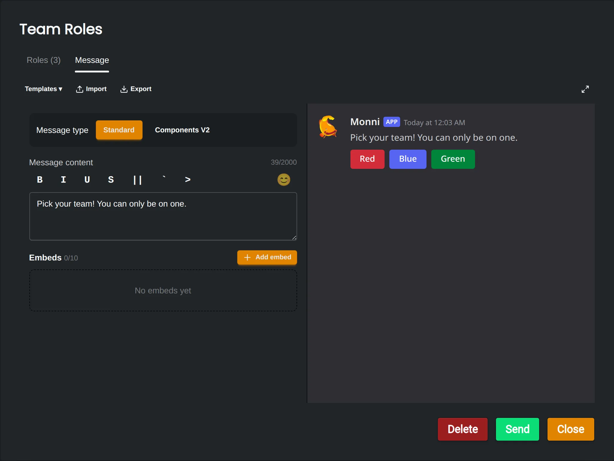 Message tab of the reaction role editor with the message text on the left and a live preview on the right