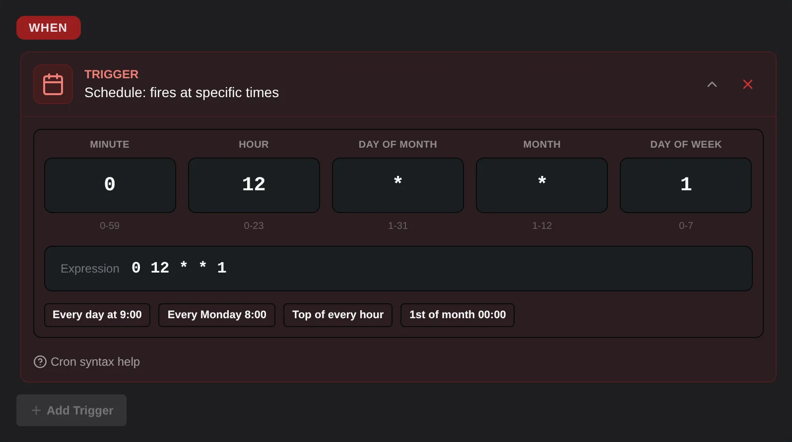 Schedule trigger set to run at 12:00 every Monday, shown as the cron expression 0 12 * * 1