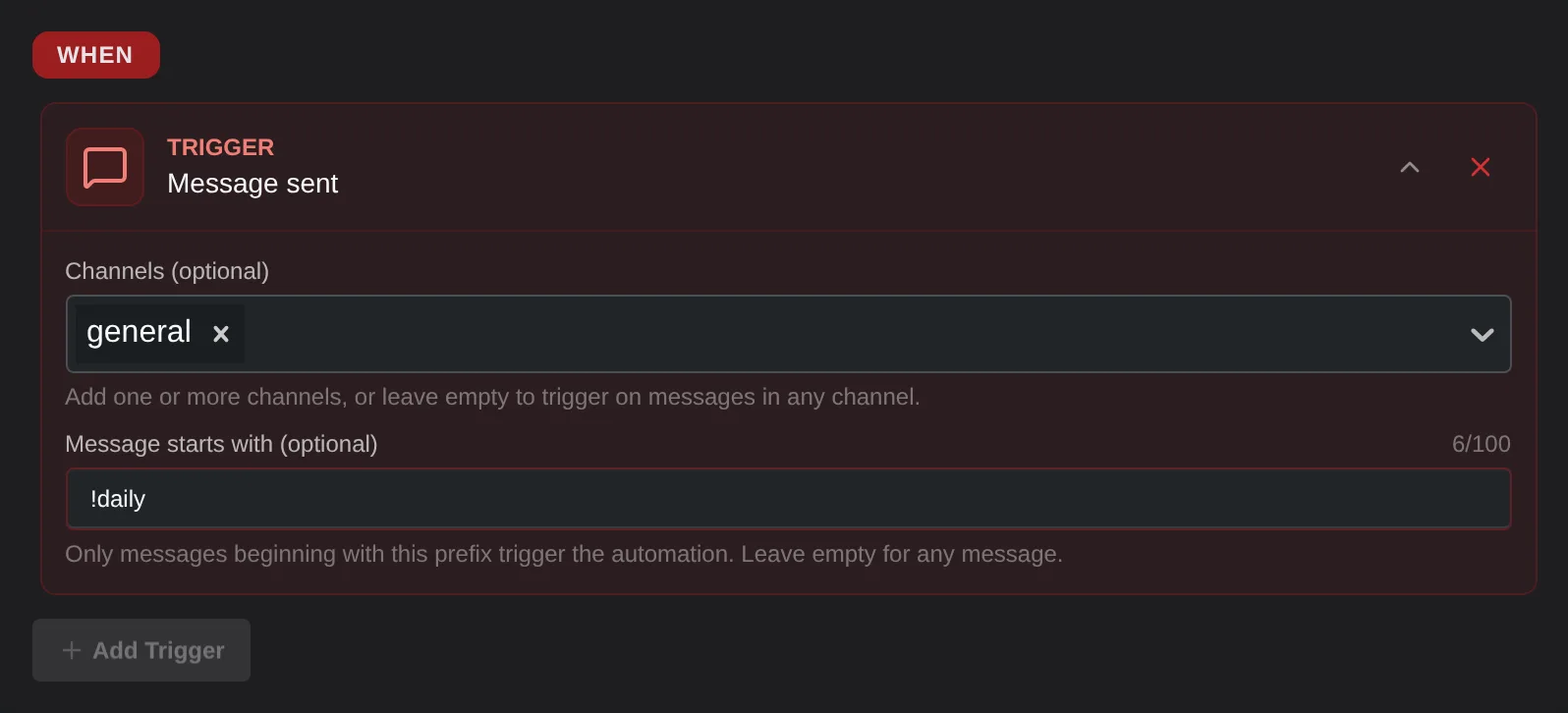 Message sent trigger limited to the general channel and to messages starting with !daily