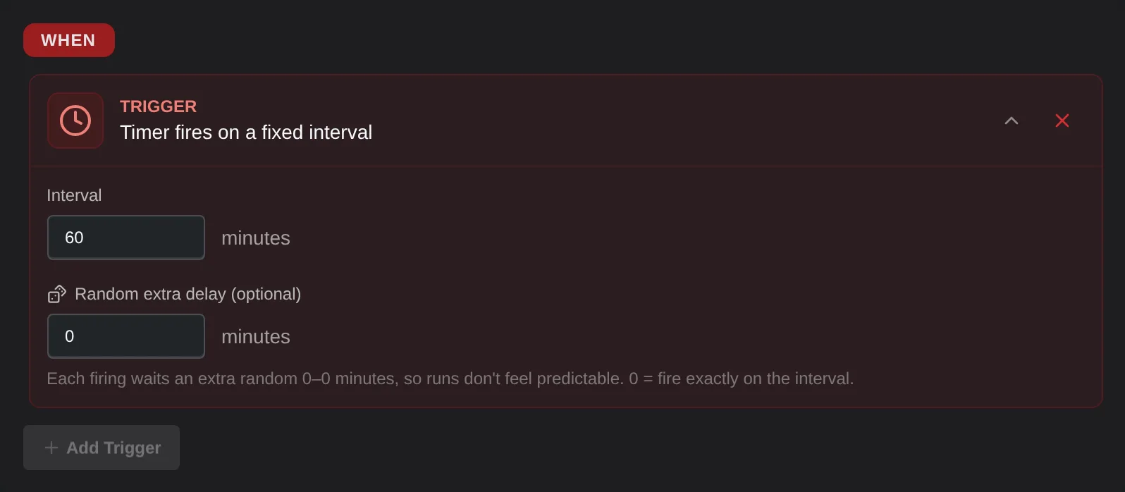 Timer trigger set to run every 60 minutes with no random delay