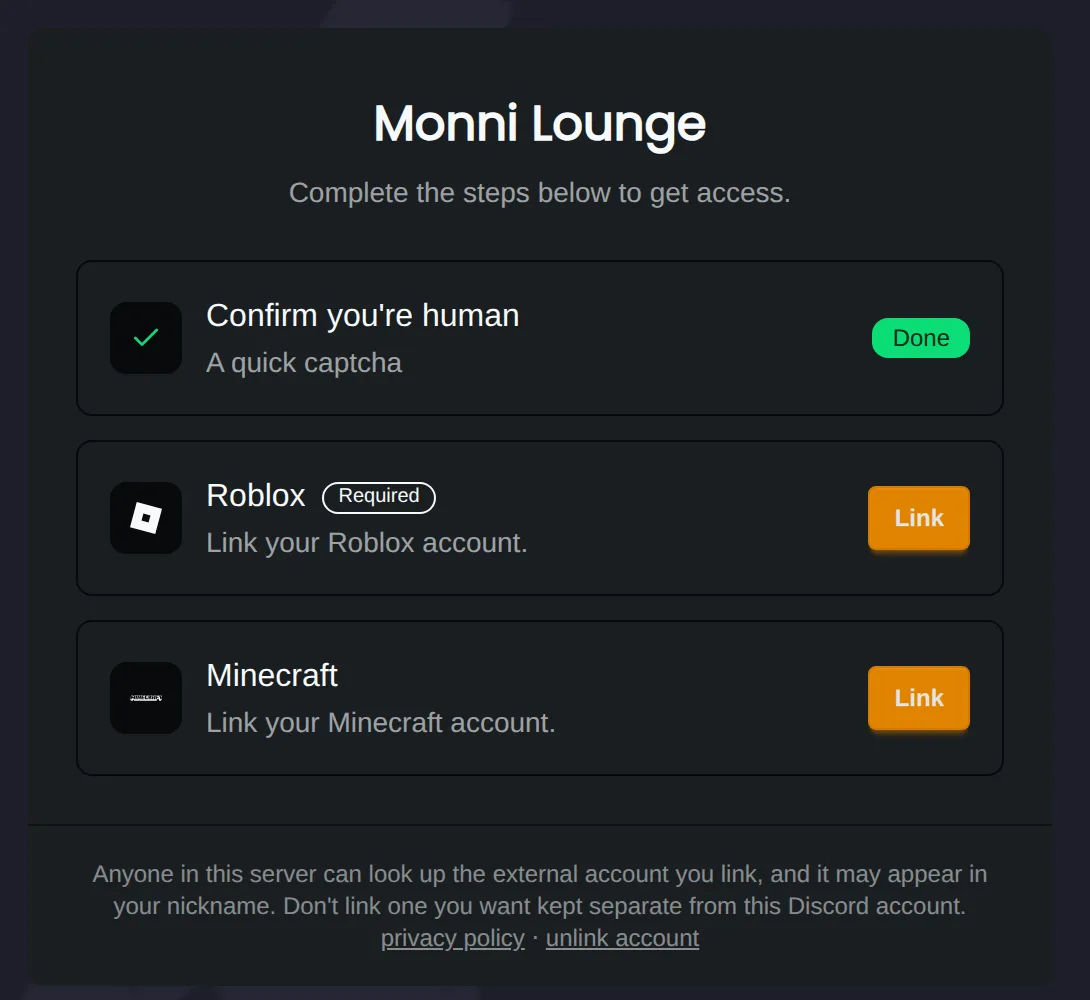 The verify page a member sees, with a finished captcha step, a required Roblox link and an optional Minecraft link